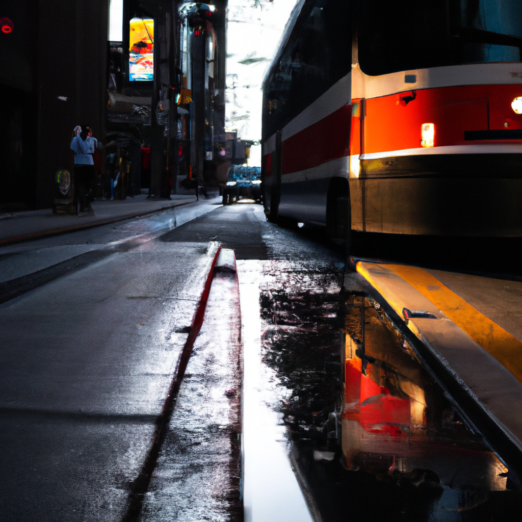 High-contrast dawn view of a Toronto streetcar passing minimalist architecture with wet asphalt reflections